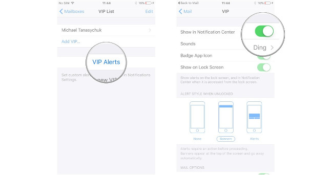 Chọn VIP Alerts, bật Show in Notification Center Chọn VIP Alerts, bật Show in Notification Center