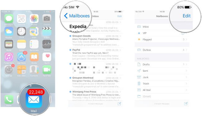 Vào Mail, nhấn Mailboxes, nhấn Edit Vào Mail, nhấn Mailboxes, nhấn Edit