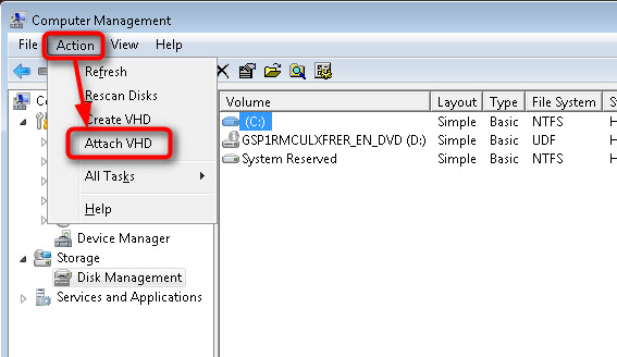 Dùng tính năng Disk Management thêm file VHD vào menuboot