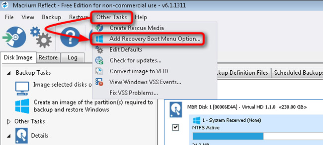 Dùng Add Recovery Boot Menu Option Mở Macrium Reflect Free