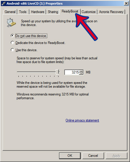 Chọn tab ReadyBoost tab ReadyBoost