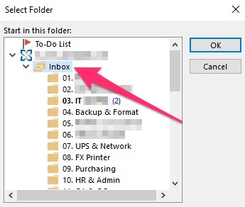 Chọn thư mục tài khoản Outloook