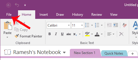 Nhấn chọn File trên OneNote Nhấn chọn File trên OneNote