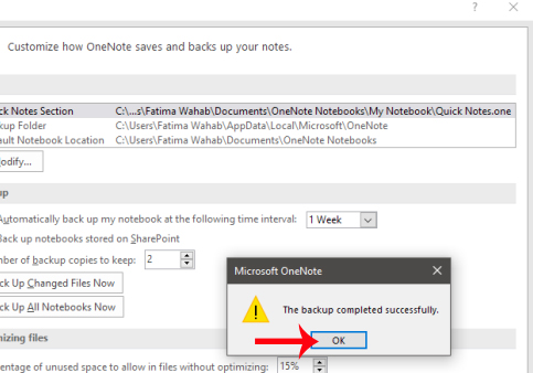 Sao lưu dữ liệu trên OneNote thành công Sao lưu dữ liệu trên OneNote thành công