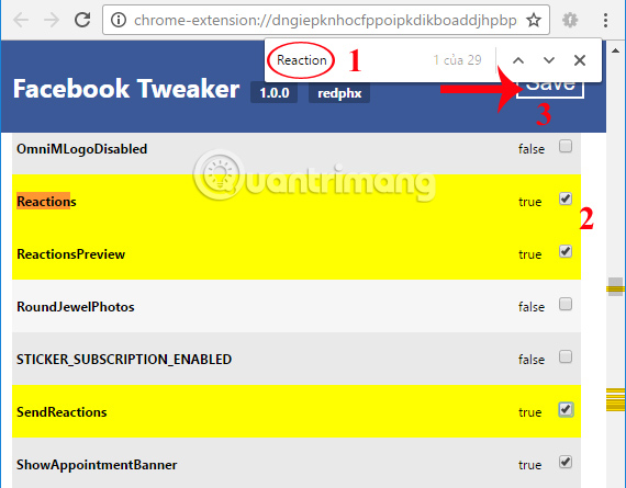 Nhấn chọn các mục Reaction trên Facebook Tweaker Nhấn chọn các mục Reaction trên Facebook Tweaker