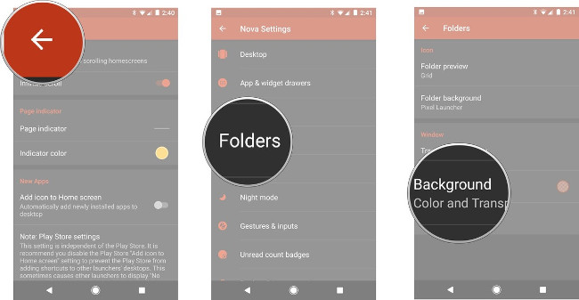Quay lại Nova Settings, chọn Folders, chọn Background Quay lại Nova Settings, chọn Folders, chọn Background