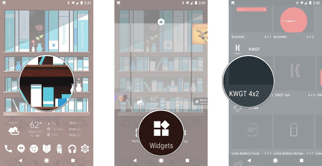 Giữ ảnh nền, chọn Widgets, giữ và kéo widget 4x2 KWGT Giữ ảnh nền, chọn Widgets, giữ và kéo widget 4x2 KWGT