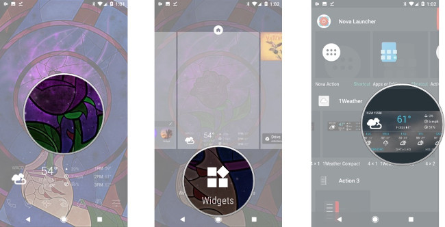 Giữ ảnh nền, chọn Widgets, kéo 1Weather Tabbed lên đầu màn hình Giữ ảnh nền, chọn Widgets, kéo 1Weather Tabbed lên đầu màn hình
