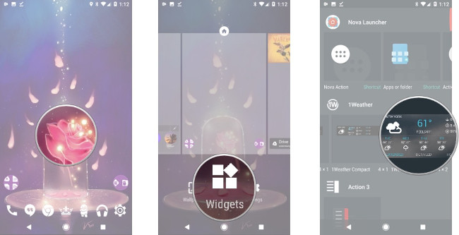 Giữ ảnh nền, chọn Widgets, giữ và kéo 1Weather Tabbed Giữ ảnh nền, chọn Widgets, giữ và kéo 1Weather Tabbed