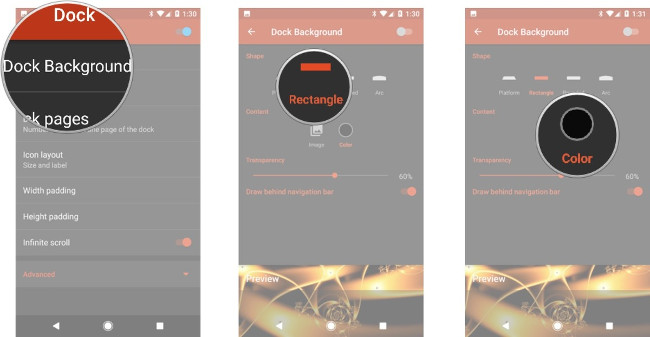 Chọn Dock Background, tại mục Shape chọn Rectangle, tại mục Content chọn Color Chọn Dock Background, tại mục Shape chọn Rectangle, tại mục Content chọn Color