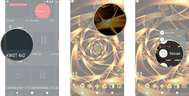 Chọn widget 4x2 KWGT sau đó giữ và kéo đến vị trí như trong hình, giữ Widgets, chọn Resize Chọn widget 4x2 KWGT sau đó giữ và kéo đến vị trí như trong hình, giữ Widgets, chọn Resize