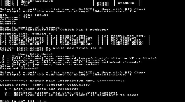 Giao diện dòng lệnh của Offline NT Password and Registry Editor Offline NT Password and Registry Editor
