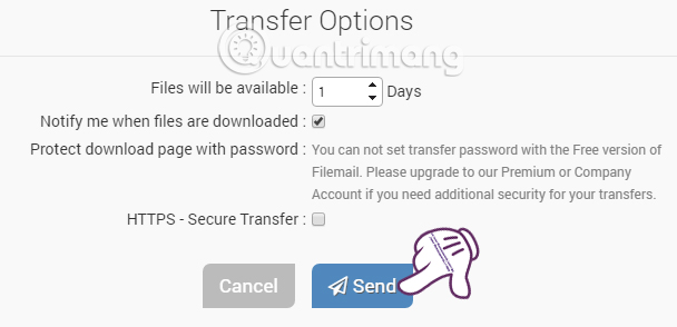 Thiếp lập tùy chọn gửi file trên Filemail