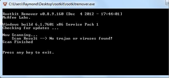 Giao diện của McAfee Rootkit Remover