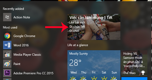 Giao diện ghi chú lên Start menu
