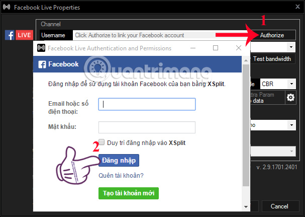Nhập thông tin tài khoản Facebook