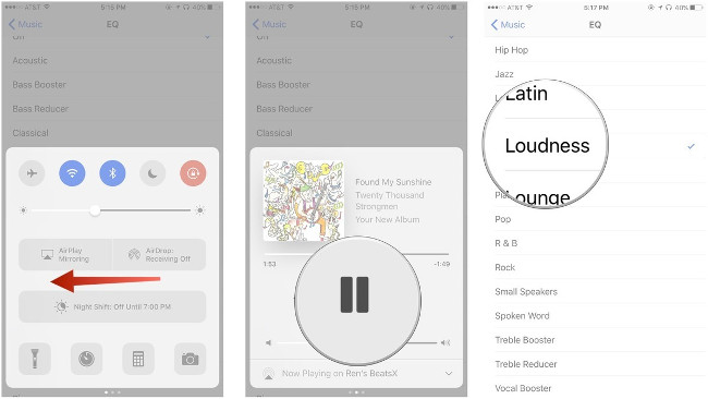 Mở Control Center, vuốt sang trái, nhấn Play, tắt Control Center, chọn EQ phù hợp Mở Control Center, vuốt sang trái, nhấn Play, tắt Control Center, chọn EQ phù hợp