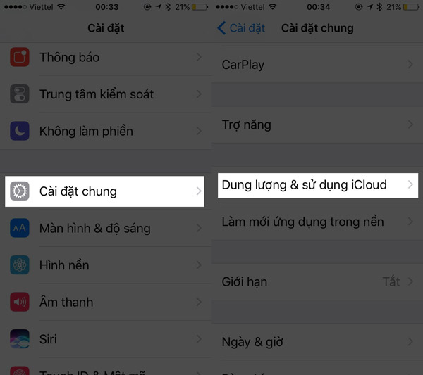Cài đặt > Cài đặt chung > Dung lượng & Sử dụng iCloud 