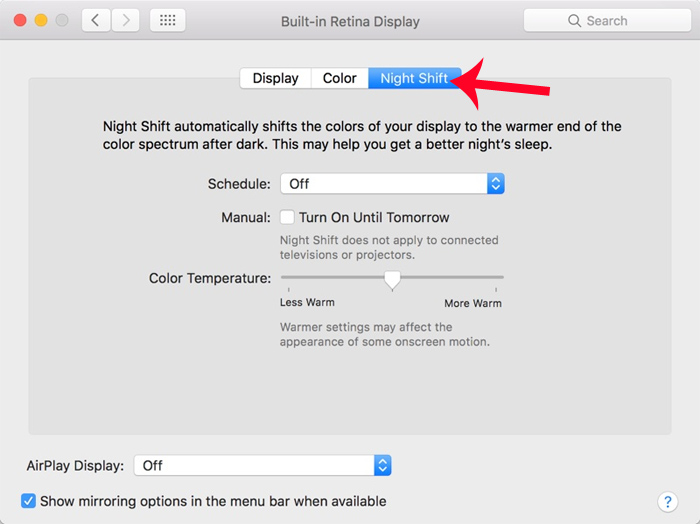 Chọn tính năng Night Shift