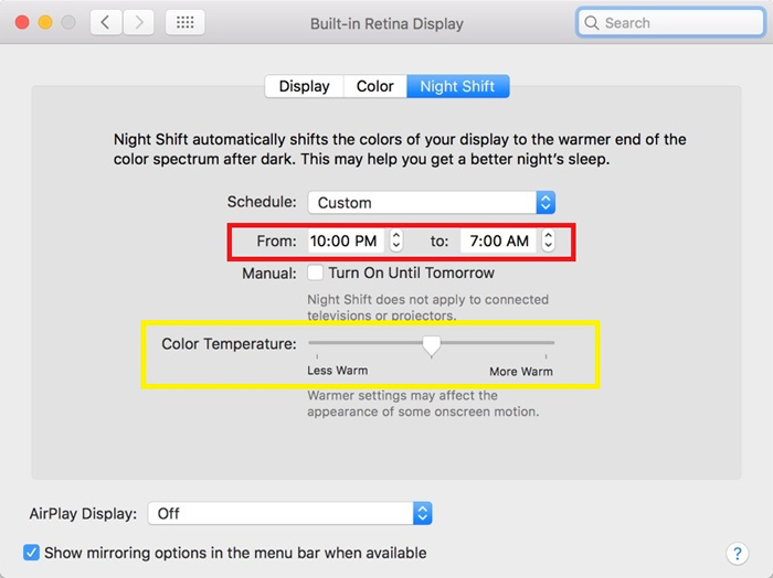 Tùy chỉnh tính năng Night Shift