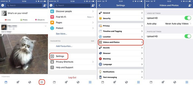 Chọn biểu tượng như trong hình, chọn Settings, chọn Account Settings, vào Videos and Photos, tắt 2 công tắc Upload HD