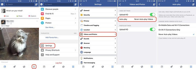 Chọn biểu tượng như trong hình, chọn Settings, chọn Account Settings, vào Videos and Photos > Auto-play, chọn Never Auto-play Videos