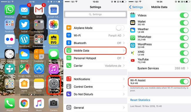 Vào Settings > Mobile Data, tắt Wifi Assist