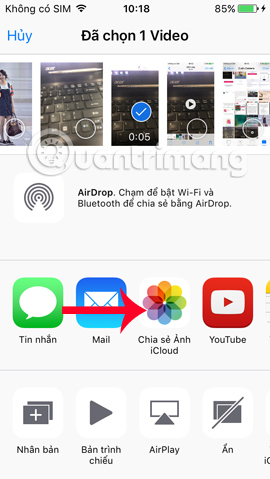 Chọn chia sẻ video qua iCloud