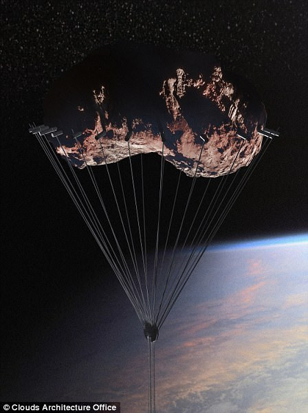 Tòa nhà được gắn với thiên thạch thông qua dây cáp 