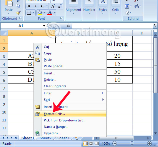 Nhấn chọn Format Cells