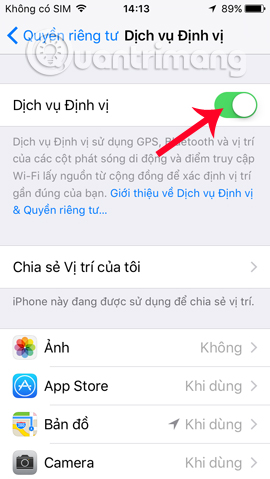 Bật dịch vụ Định vị trên thiết bị
