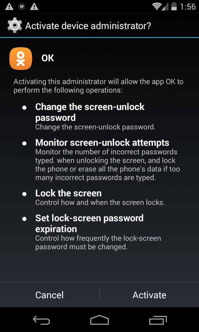 Bốn giờ sau, ứng dụng sẽ yêu cầu người dùng cho phép sử dụng quyền quản trị thiết bị Bốn giờ sau, ứng dụng sẽ yêu cầu người dùng cho phép sử dụng quyền quản trị thiết bị