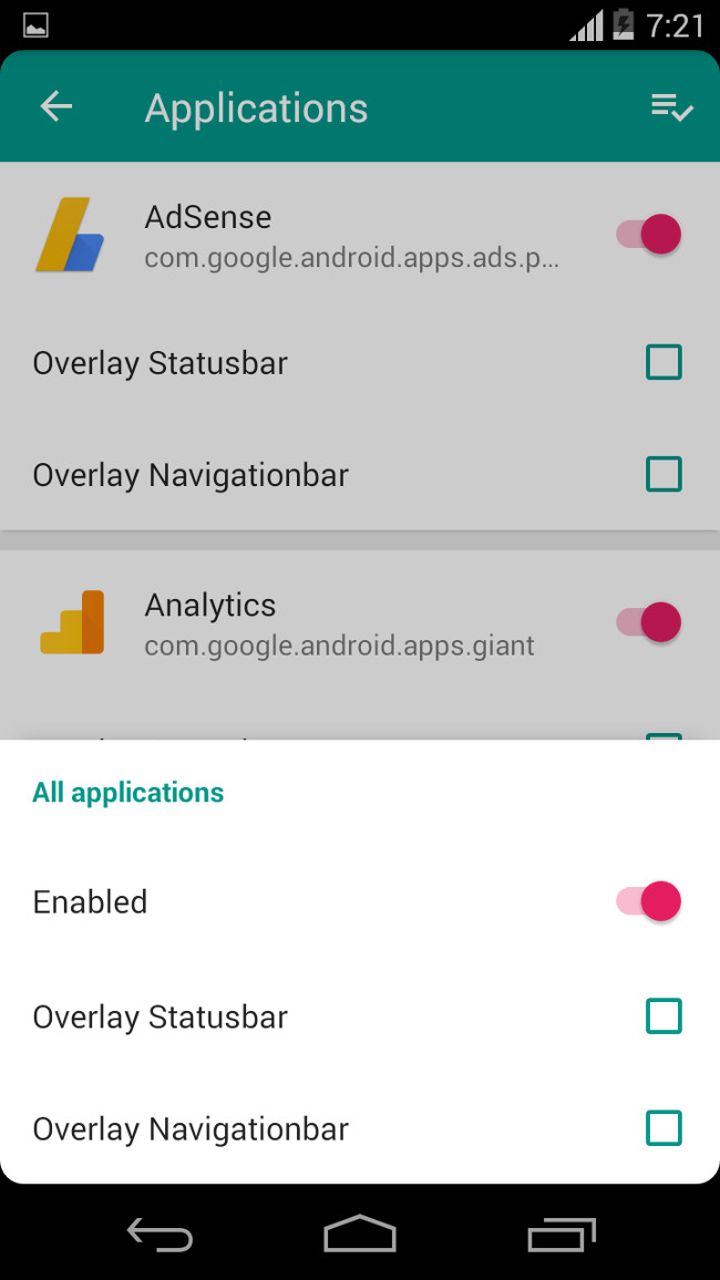 Vào mục Applications, nhấn biểu tượng góc trên bên phải, bật công tắc Enabled và tích vào ô Overlay Navigation bar