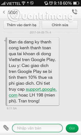 Tin nhắn đăng ký dịch vụ từ Viettel