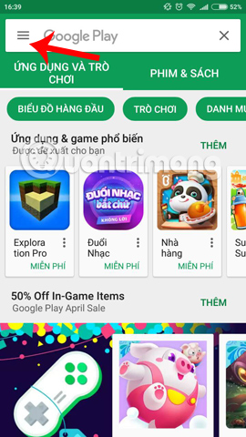 Tùy chọn trên giao diện Play Store