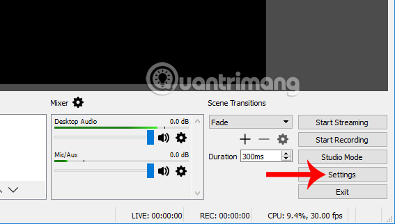 Chọn Settings trên OBS