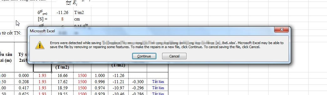 Thông báo lỗi khi save file Excel