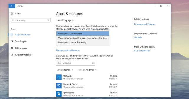  Apps có thể thiết lập lựa chọn cho phép hoặc không cho phép cài đặt các ứng dụng bên ngoài App Store