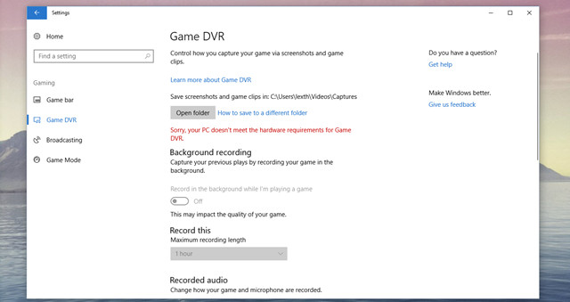 Lựa chọn Game DVR và Broadcasting 