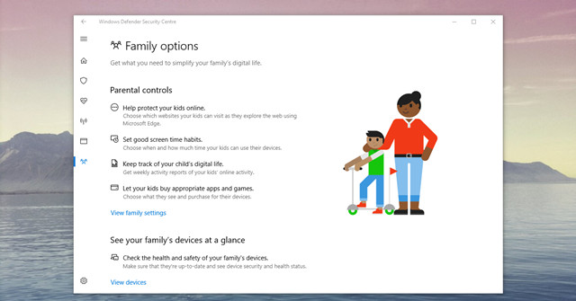 Windows Defender Security Centre có các phần quản lý trẻ nhỏ 