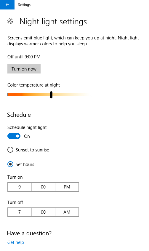 Thiết lập thời gian cho Night Light