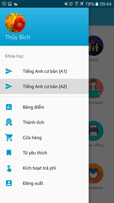 Menu của ứng dụng Học tiếng Anh