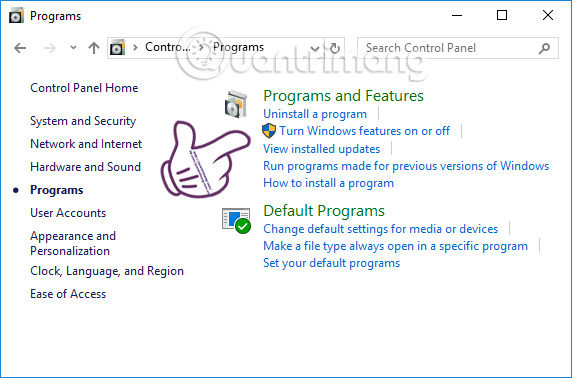 Nhấn chọn vào Programs and Features