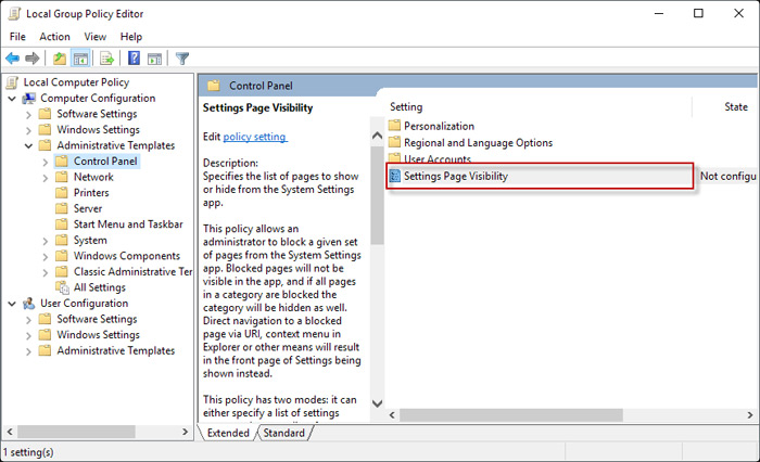 Nhấp chọn Settings Page Visibility Nhấp chọn Settings Page Visibility