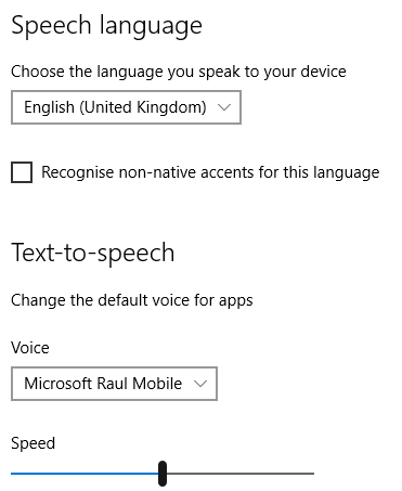 Các tùy chọn thay đổi Speech trong Windows 10