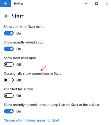 Tắt quảng cáo tại Start menu