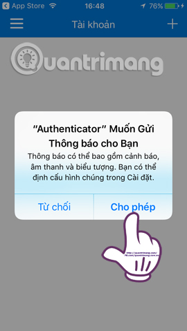 Nhận thông báo của Authenticator