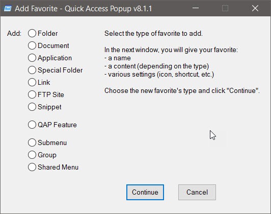 Mục cài đặt của Quick Access PopUp