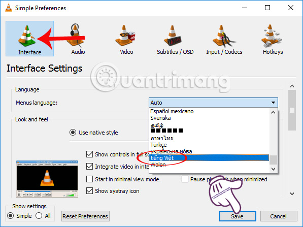 Chọn ngôn ngữ Tiếng Việt cho VLC