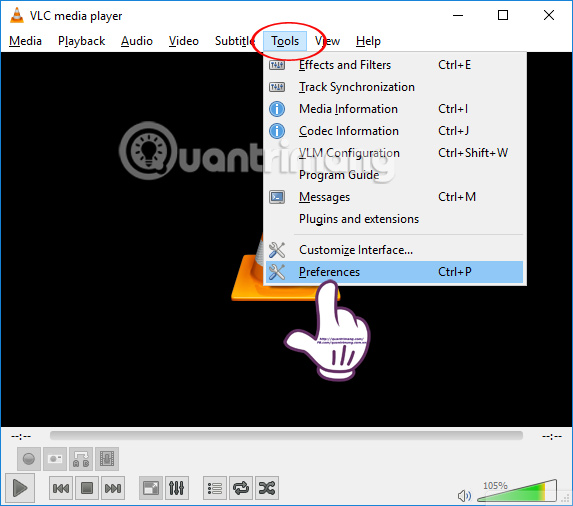 Nhấn chọn tab Tools trên VLC